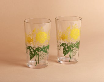 Vintage 80s Yellow Rose Floral Glass Cups Set of Two
