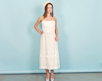 60s Cream Cutout Wedding Dress Vintage Strapless Lace Fitted Dress