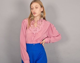 80s Rose Pink Eyelet Cutout Blouse Vintage Dainty Lace Collar Long Sleeve Top