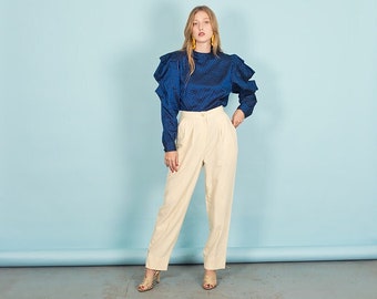 80s Light Beige Yellow Linen Pants Vintage High Waisted Pocket Trousers