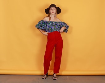 Anni '70 Pantaloni a vita alta rosso brillante Pantaloni vintage a gamba dritta