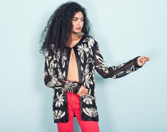80s Silver Beaded Jacket Vintage Black Formal Encrusted Sequin Jacket