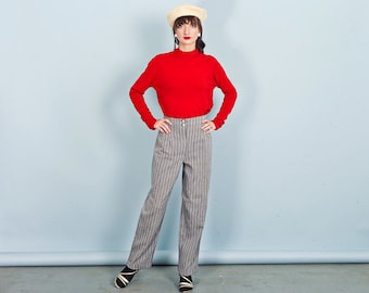 80s Grey Vertical Striped Pants Vintage Tapered High Waisted Trousers