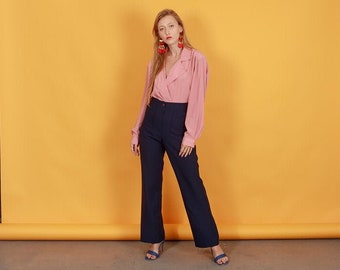 70s Dark Navy Blue Pocket Pants Vintage Classic Straight Trousers