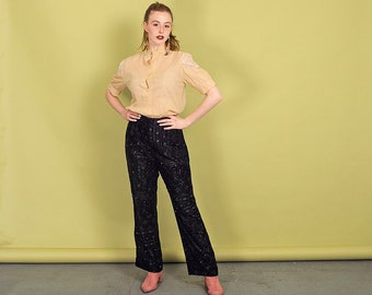 80s Black Jewelled Beaded Pants Vintage High Waisted Embroidered Velvet Trousers