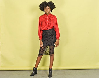 80s Black Polka Dot Skirt Vintage Sheer Dotted High Waisted Skirt