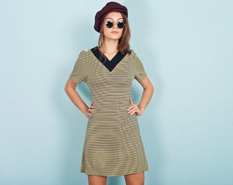 60s Black Striped Mod Dress Vintage Short Sleeve V Neck Shift Dress