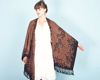 70s Brown Fringe Shawl Vintage Black Brocade Reversible Shawl