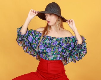 80s Blue Green Floral Crop Top Vintage Boho Summer Ruffle Blouse