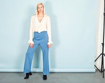 70s Cerulean Blue Pleat Pants Vintage High Waisted Trousers