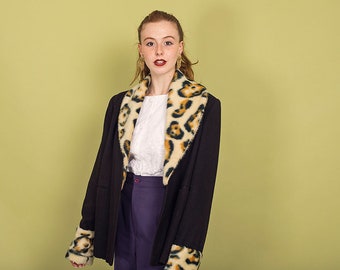 60s Black Leopard Collar Faux Fur Coat Vintage Elegant Knit Winter Jacket