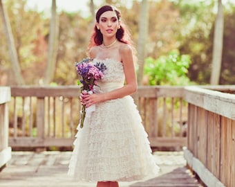 50s White Wedding Dress Vintage White Lace Cake Layer Wedding Gown