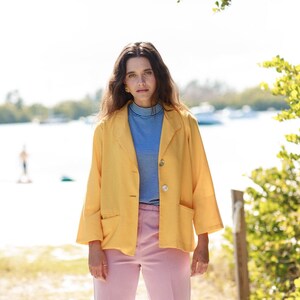80s Bright Yellow Long Sleeve Blazer Vintage Oversize Pocket Jacket