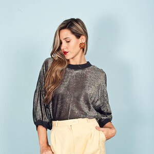 80s Shimmery Slouchy Blouse Vintage Black Glitter Night Top