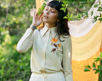 60s Beige Autumn Embroidered Blouse Vintage Leaf Foliage Long Sleeve Top