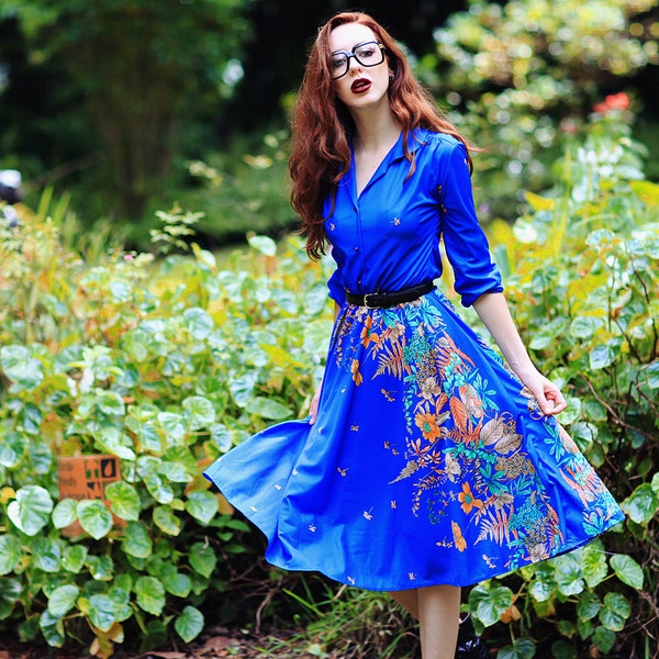 Vintage 70s Rainforest Dress Flower Tropical Royal Blue Shirt Dress
