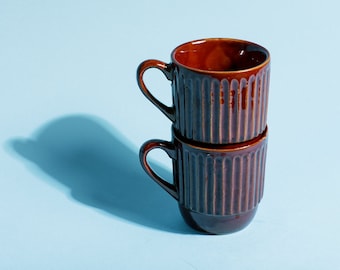 Set of 2 Vintage 70s Brown Glossy Textured Stackable Ceramic Mugs Cups