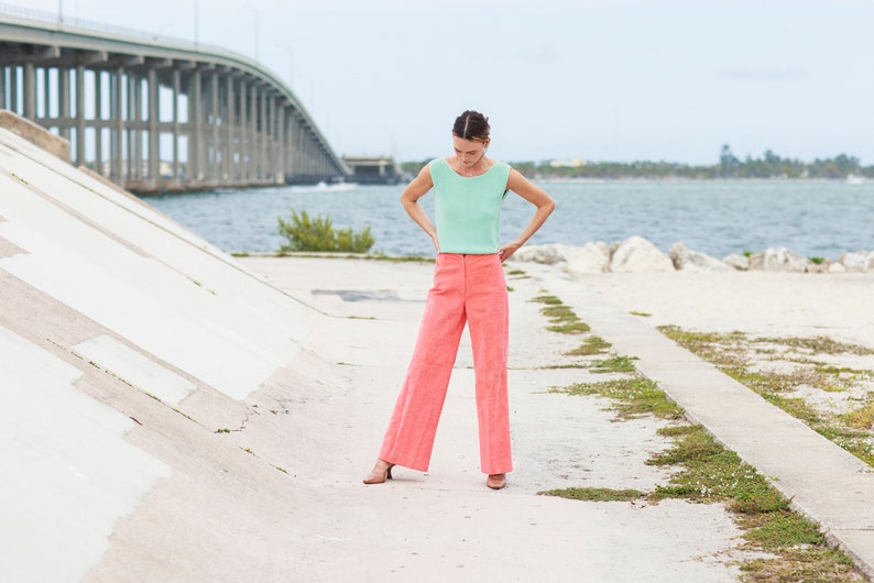 70s Peach Pink Suede High Waisted Pants Vintage Flared Wide Leg Stitched Trousers image 1