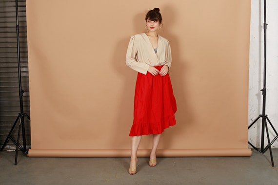 70s Apple Red Ruffles Skirt Vintage High Waisted … - image 1