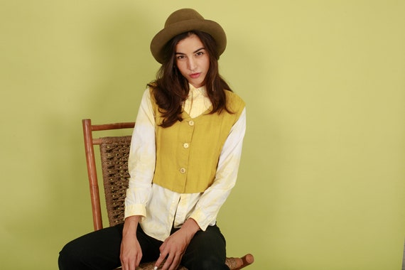 70s Mustard Yellow Linen Vest Vintage Cropped Sle… - image 3