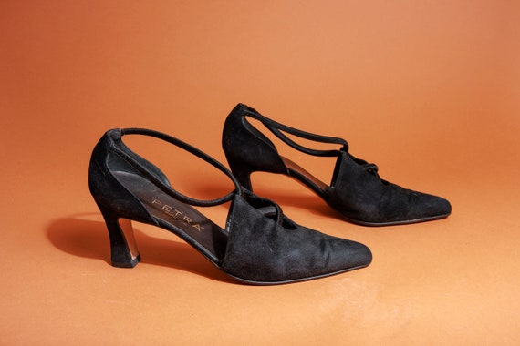 90s Black Velvet Criss Cross Pointed Heels Vintag… - image 1