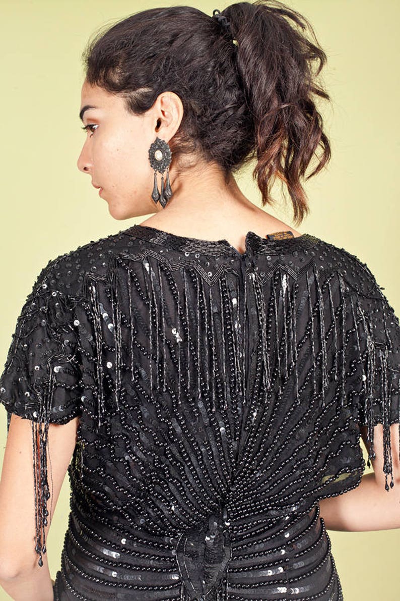80s Black Evening Wiggle Dress Vintage Sequin Bead Dress