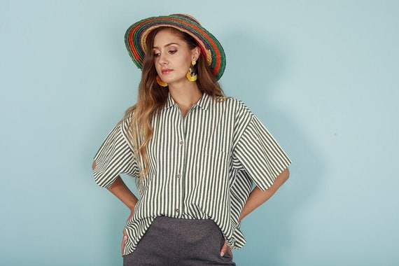 80s Green White Striped Top Vintage Boxy Button up