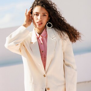 80s Light Cream Textured Blazer vintage Classic Veste en lin à manches longues image 6