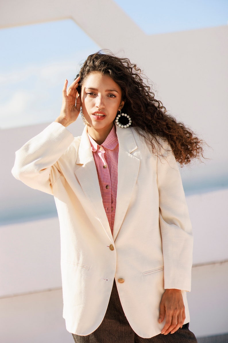 80s Light Cream Textured Blazer vintage Classic Veste en lin à manches longues image 6