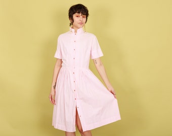 50s Pink White Striped Spring Dress Vintage Pleated Collar Shirt Dress