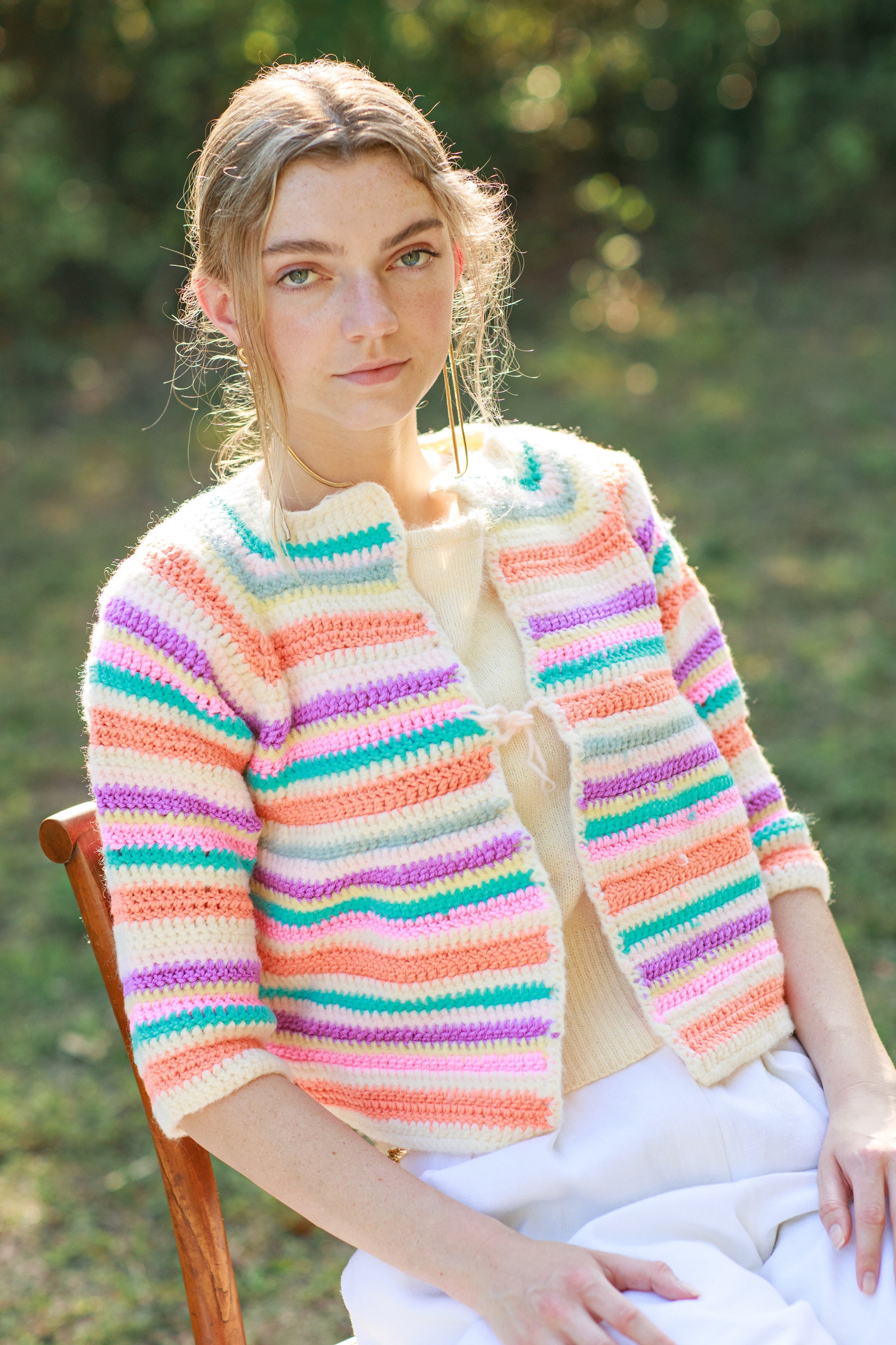 50s Rainbow Pastel Striped Cardigan Vintage Crochet Hand Knit