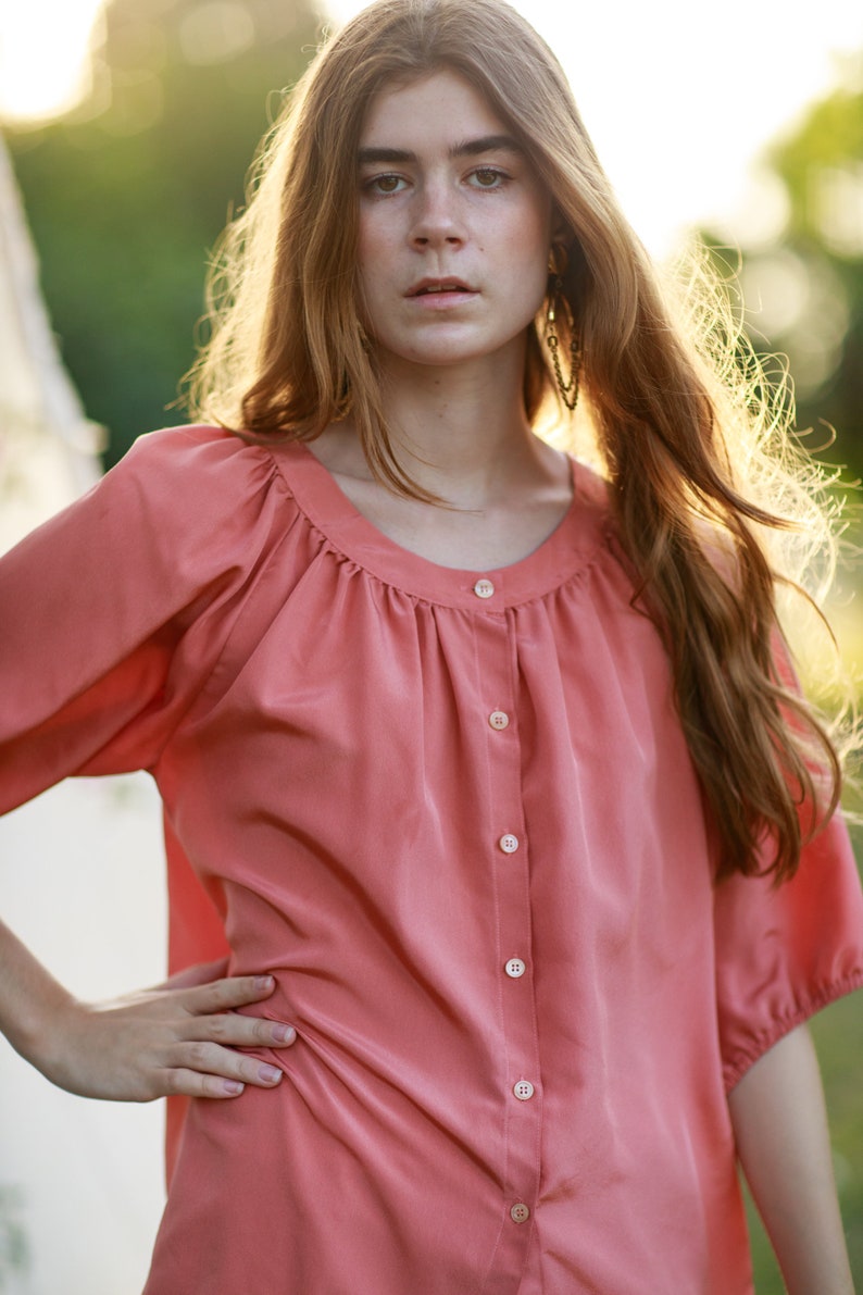 70s Rose Pink Shiny Tunic Blouse Vintage Oversize Boho Mid Sleeve Top image 8