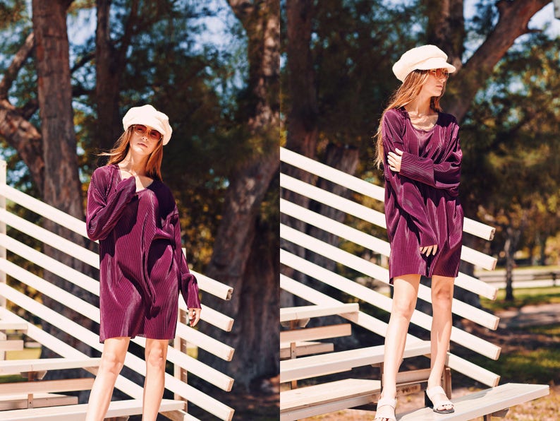 80s Plum Slouchy Long Dress Vintage Purple Long Sleeve Tshirt Dress image 6