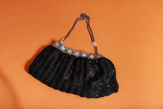 70s Black Woven Beaded Silver Evening Purse Vinta… - image 6