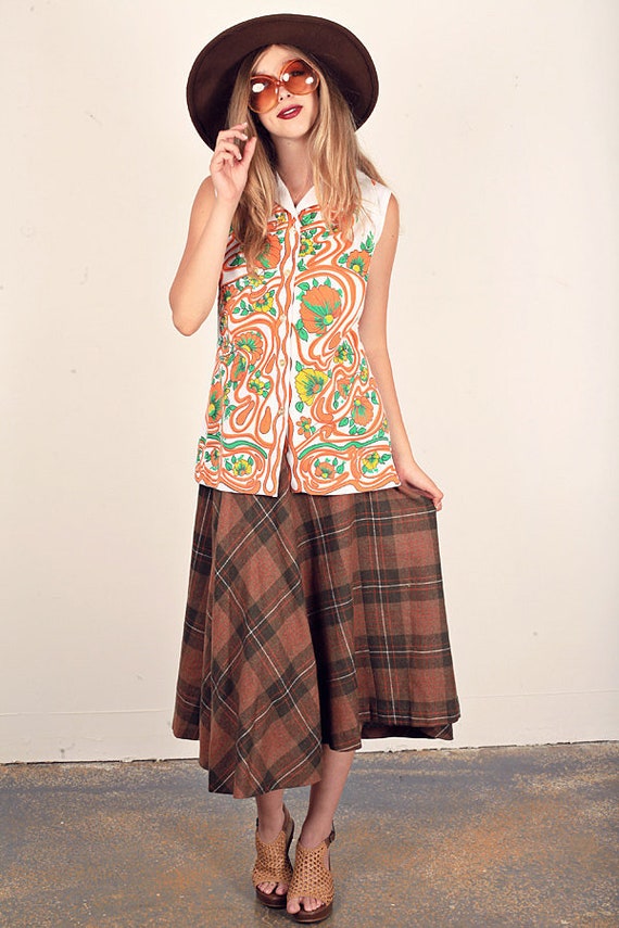 60s Autumn Top Vintage White Orange Fall Leaf Slee