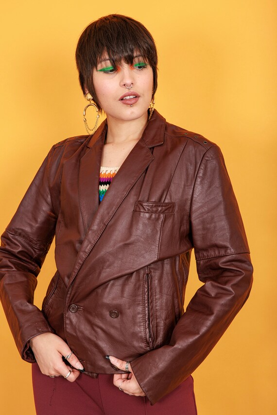 80s Russet Brown Long Sleeve Leather Jacket Vinta… - image 6