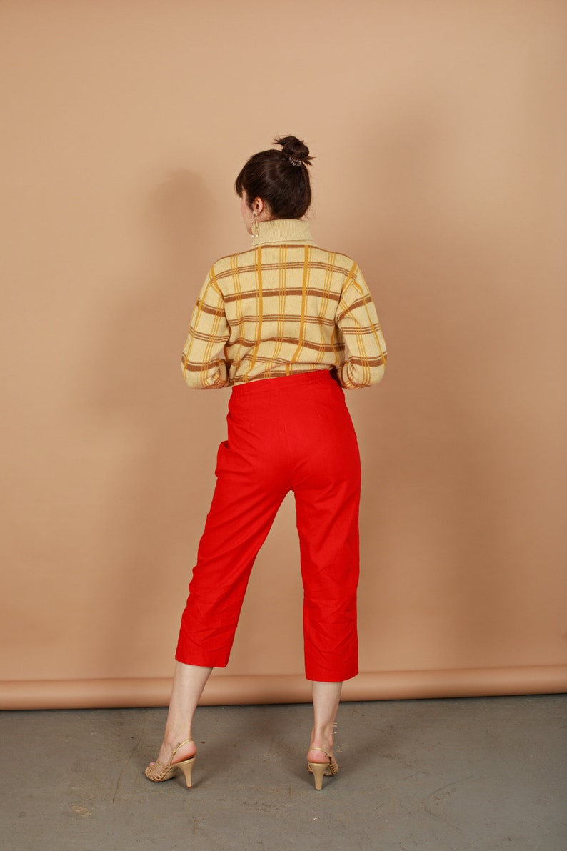 80s Bright Red High Waisted Linen Pants Vintage Cropped Straight Leg Petite Trousers image 7