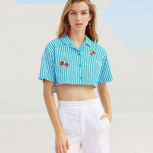 80s Blue Striped Cherry Hand Embroidered Crop Top Vintage Reworked Blouse image 6