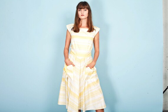 50s Yellow Striped Spring Dress Vintage Pocket Sl… - image 5