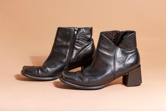 90s Black Leather Square Toe Short Boots Vintage … - image 2
