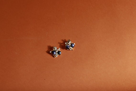 Vintage 80s Dark Blue Silver Bead Small Clip On E… - image 2