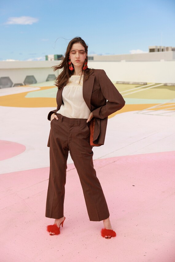 70s Dark Brown Striped Matching Suit Vintage Wool… - image 9