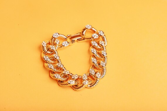Vintage 80s Bright Gold Tone Rhinestone Chain Link Braid