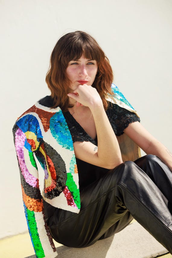 80s Bright Geometric Pattern Fully Sequin Long Sl… - image 3