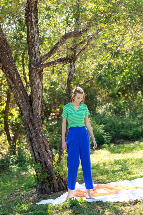 80s Bright Blue Cropped Trousers Vintage High Wai… - image 6