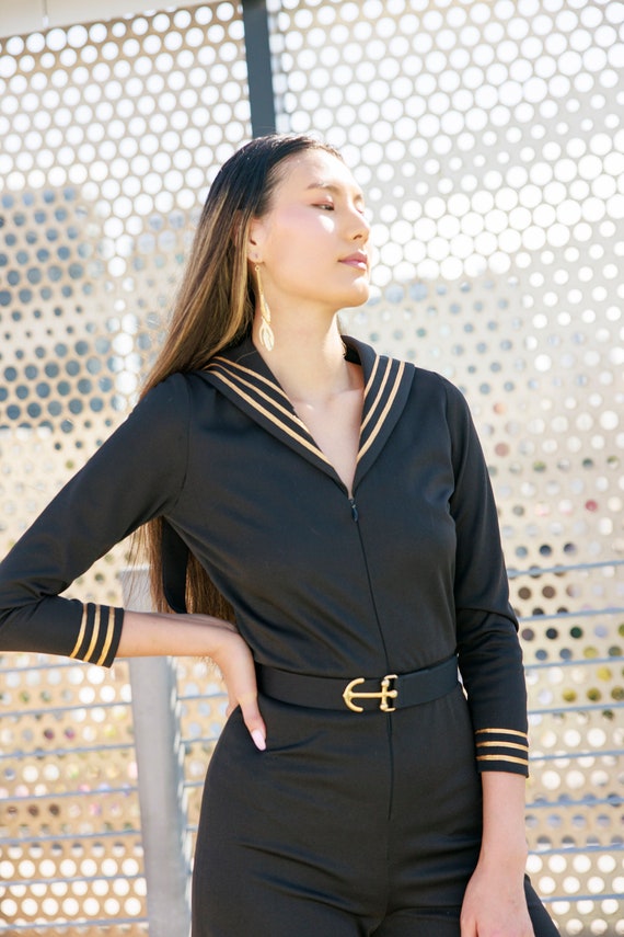 60s Black Gold Trim Nautical Jumpsuit Vintage Lon… - image 2