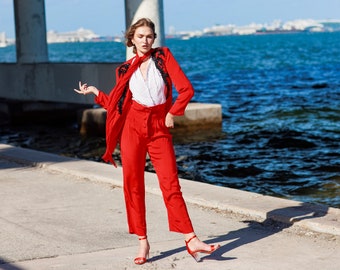 80s Bright Red Silk Statement Suit Vintage Blazer Sequin Long Sleeve Two Piece Suit