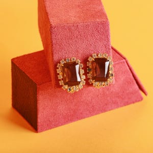 Vintage 60s Gold Tone Amber Clear Stone Rhinestone Dainty Formal Clip on Earrings
