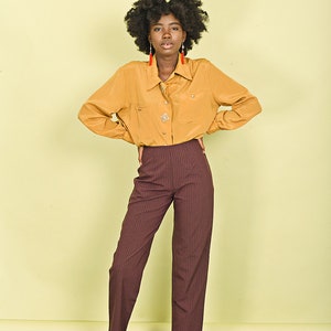 80s Wine Red Straight Leg Pants Vintage Pintstripe High Waisted Trousers image 3