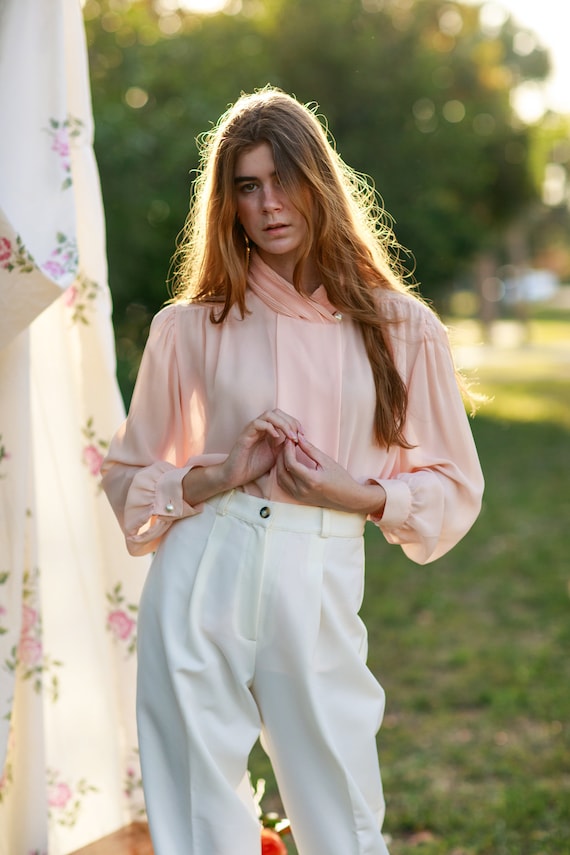80s White High Waisted Classic Trousers Vintage Belted